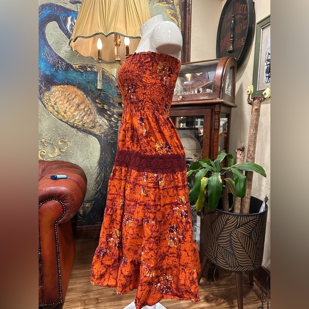 S'Cool Boho Batik Strapless Smocked Maxi Dress Rust Orange Cotton Tiered - Picture 4 of 7